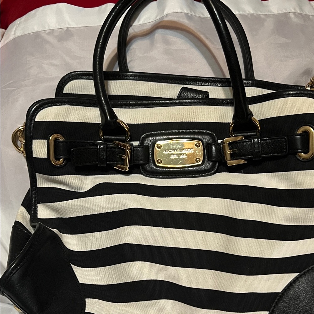Michael Kors Black and White Striped Hamilton Canvas Tote with Gold Hardward - Picture 12 of 12